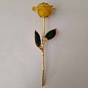 Vintage Beautiful YELLOW Long-Stem Rose, Gold Tone, Handcrafted 12 inch x 3 inch